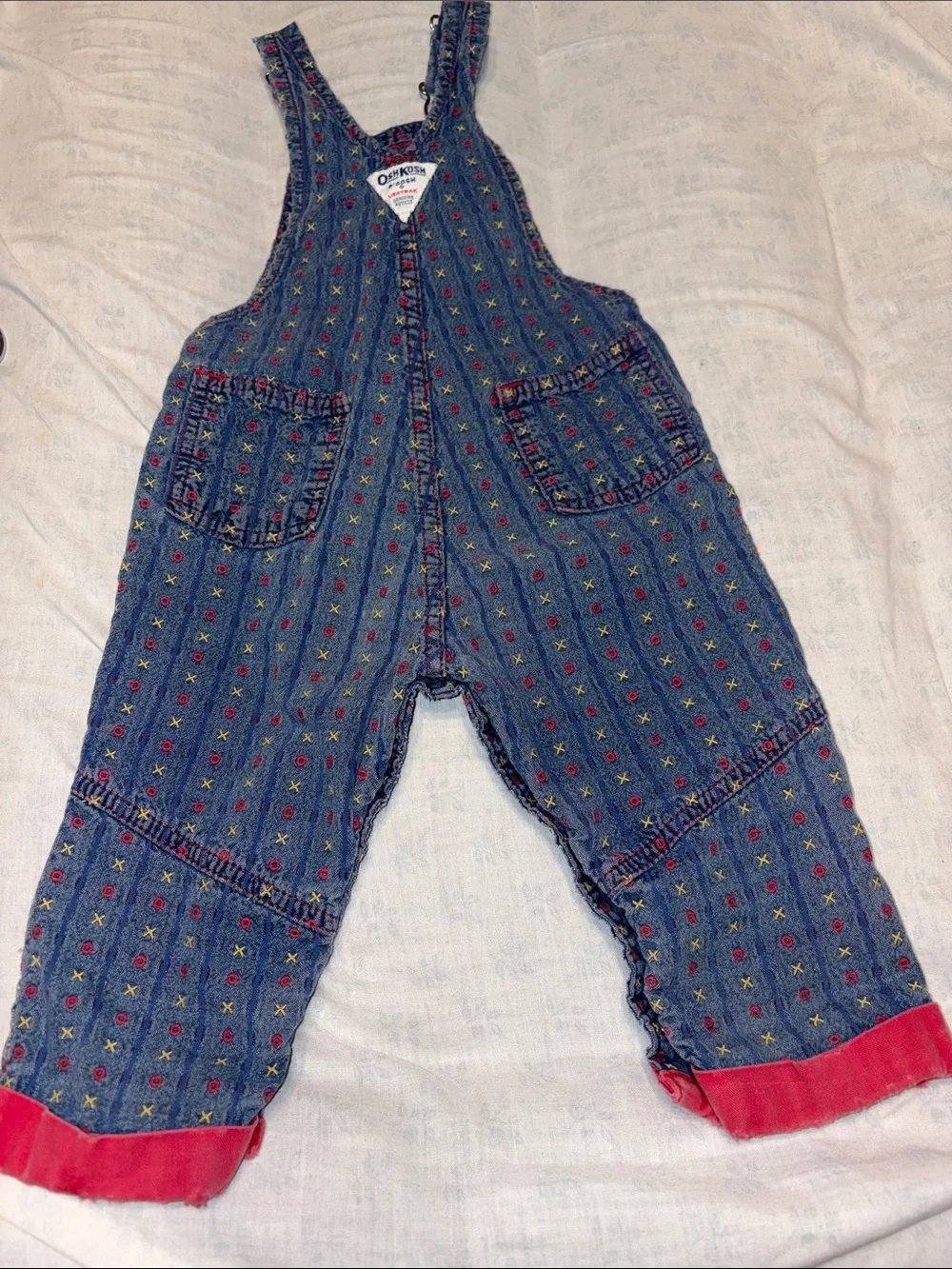 VINTAGE 80s OshKosh B'gosh Blue/Red Denim TIC TAC TOE Print Overalls 100 cotton